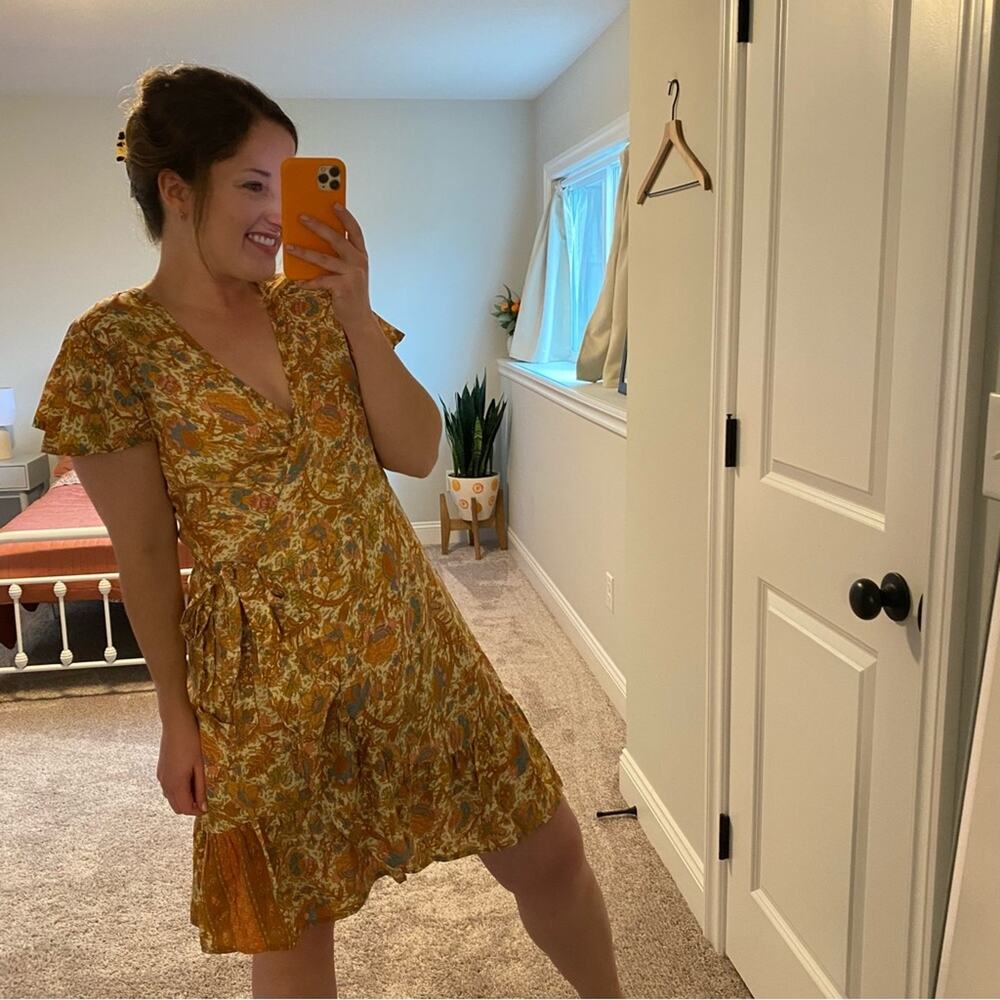 Perry Walker Collective Orange Floral Silk Blend Wrap Mini Dress Medium - Picture 2 of 14